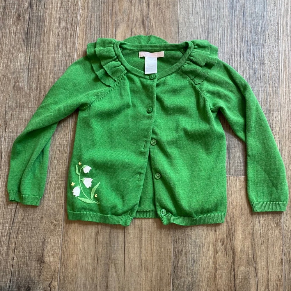 Janie and Jack Green Ruffle Floral Embroidered Cotton Cardigan Sweater 18-24M